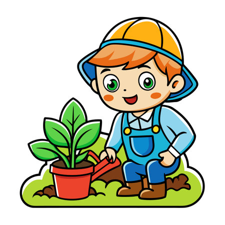 Cartoon boy waters seedling. Wearing hat &amp; overalls, on grass patchのイラスト素材