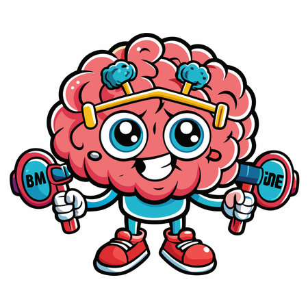 Cartoon brain lifting weights, wearing shoes, determined expressionのイラスト素材