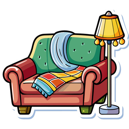 Cozy armchair with blanket and lamp, cartoon style, inviting comfort sceneのイラスト素材
