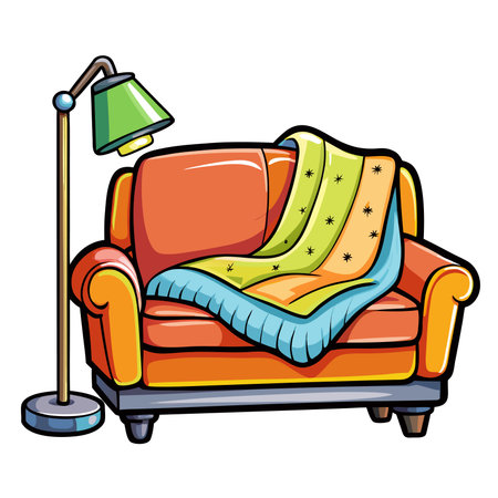 Cozy armchair with blanket and lamp. Warm, inviting, comfortable. Cartoon illustrationのイラスト素材