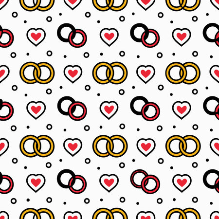Seamless pattern with rings, hearts, and dots on white background, a repetitive designのイラスト素材