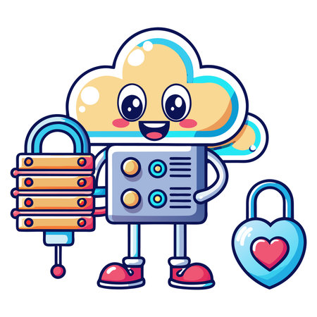 Cloud guardian Cute cartoon cloud protects data with locks and friendly faceのイラスト素材