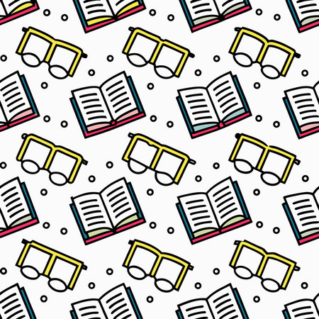 Pattern of books and glasses with black outlines on a white backgroundのイラスト素材