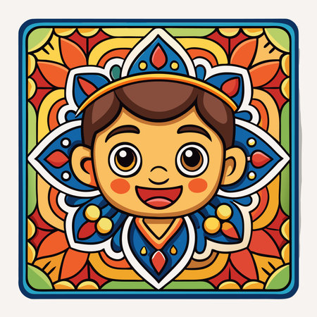 Cute child's face with a bright, colorful mandala design backgroundのイラスト素材
