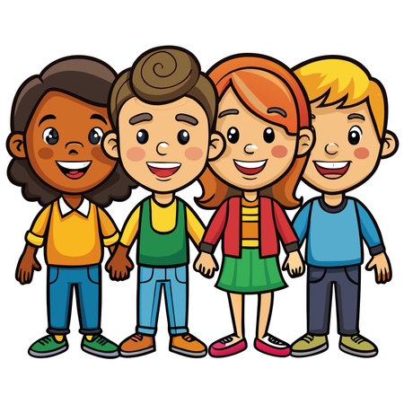 Diverse cartoon children smiling, holding hands in a row, happy and colorfulのイラスト素材