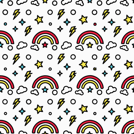 Pattern Rainbows, stars, clouds, lightning. Colorful, whimsical on white backgroundのイラスト素材