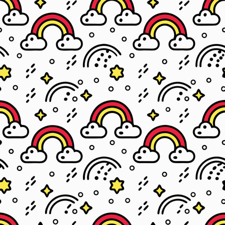Rainbows and clouds pattern with stars, minimalist design, on white backgroundのイラスト素材