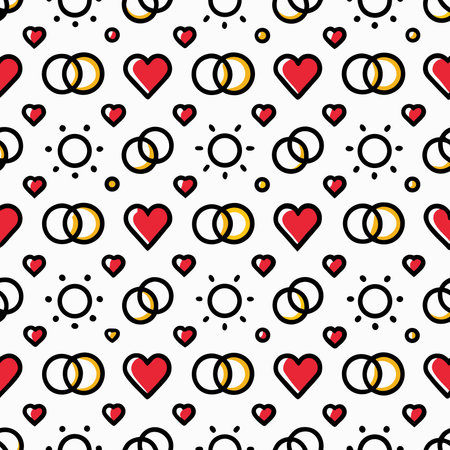 Pattern with rings, hearts, and sun icons on a white background, outlined in blackのイラスト素材