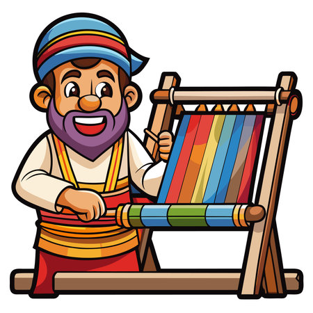 Weaver crafting colorful textile on loom, wearing headscarf and tunic, smilingのイラスト素材