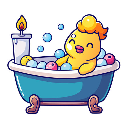 Animated chick enjoys a bubbly bath with a candle in a blue tubのイラスト素材