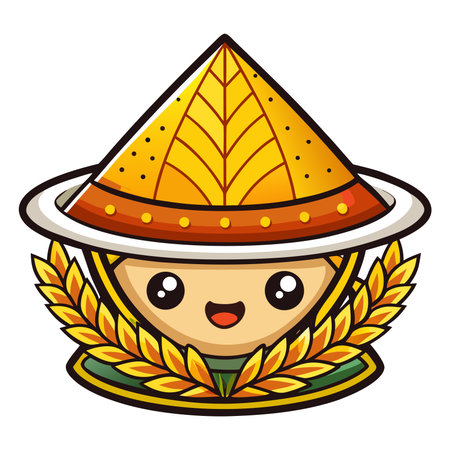 Smiling face under conical hat, framed by wheat. Simple, cute, cartoon styleのイラスト素材