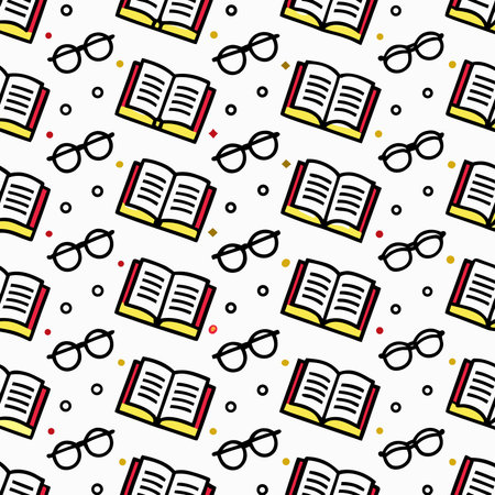 Pattern of books, spectacles, and small dots on white background, colorful designのイラスト素材