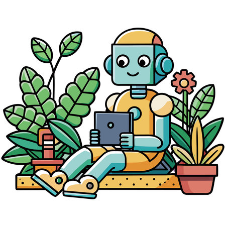 Robot sits with laptop surrounded by plants, a whimsical and colorful illustrationのイラスト素材