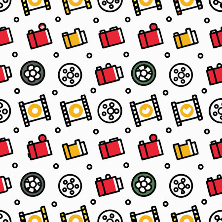 Film icons cameras, reels, and film strips, in vibrant colors on white backgroundのイラスト素材
