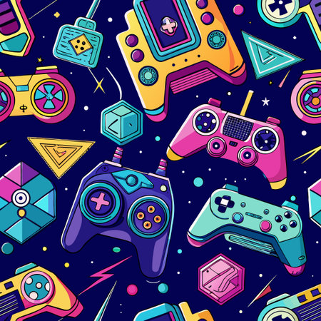 Retro game controllers, various shapes, colorful art style on a dark blue backgroundのイラスト素材