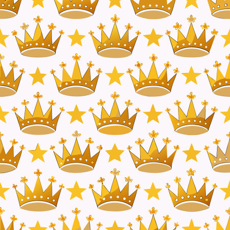 Golden crowns and stars repeat on a white background, stylized and decorativeのイラスト素材