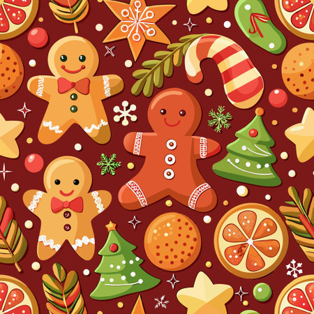Festive pattern with gingerbread men, oranges, candy canes, stars, and Christmas treesのイラスト素材