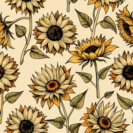Floral arrangement, sunflowers in yellow-orange hues with leaves and stems patternのイラスト素材