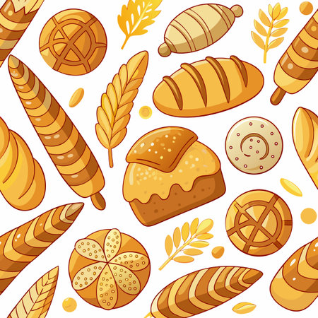 Assorted breads, buns and wheat pattern with golden and brown hues, white backgroundのイラスト素材