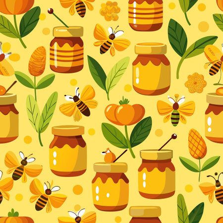 Honeycomb Pattern Jars of honey, bees, flowers, and leaves on a yellow backgroundのイラスト素材