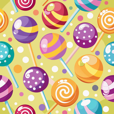 Colorful lollipop pattern, various designs, swirling, striped, and dotted on a light green backgroundのイラスト素材
