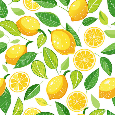 Lemon pattern Yellow citrus fruits with green leaves on white backgroundのイラスト素材