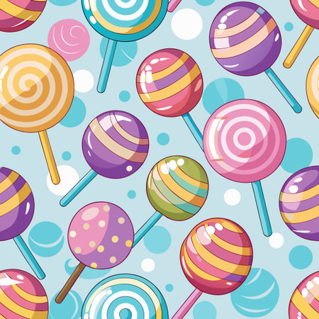 Colorful lollipops with stripes and polka dots, on a light blue background with circlesのイラスト素材