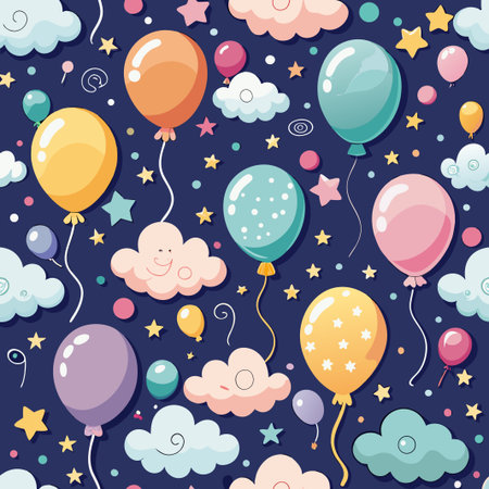 Balloons, stars, clouds seamless pattern with whimsical, colorful design on dark backgroundのイラスト素材