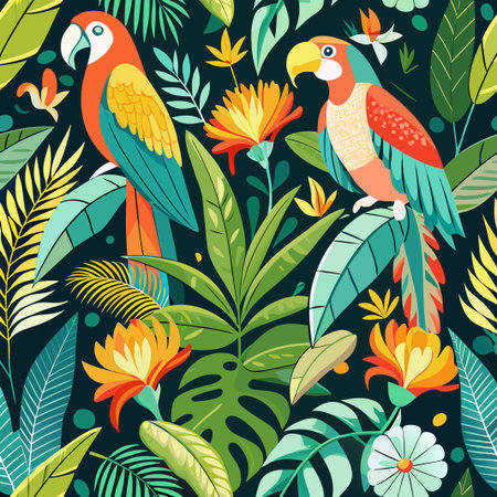 Colorful parrots among tropical leaves and flowers on a dark backgroundのイラスト素材