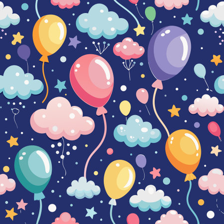 Playful scene of balloons, clouds, and stars on dark background in cartoon styleのイラスト素材