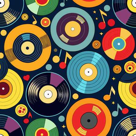 Colorful vinyl record pattern, with music notes and small circle accentsのイラスト素材