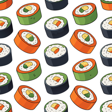 Sushi rolls background. Colorful. Cartoon style. Seamless pattern. Food illustrationのイラスト素材