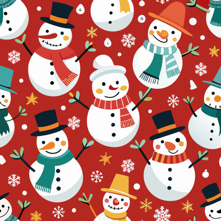 Festive snowmen with hats and scarves on a red background, snowflakes and starsのイラスト素材