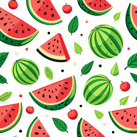 Watermelon Slices, whole fruit, leaves, &amp; berries scattered on a white backgroundのイラスト素材