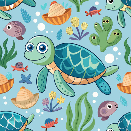Seamless pattern with turtles, sea creatures, and plants against a blue backgroundのイラスト素材