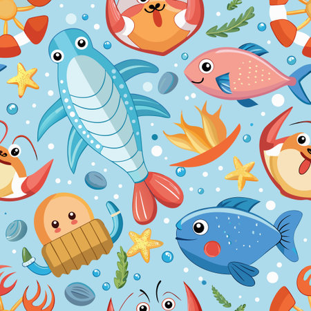 Ocean life pattern Cute cartoon fish, crabs, starfish, seaweed on blueのイラスト素材