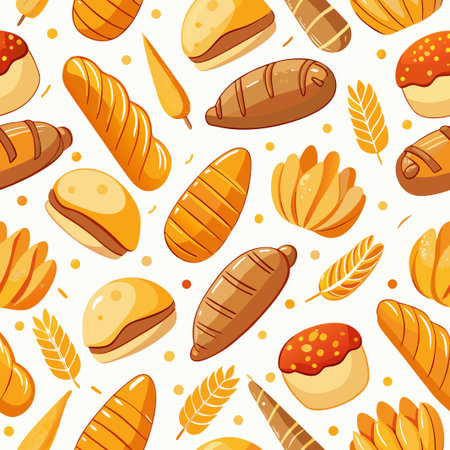Bakery pattern on white. Loaves, rolls, wheat sprigs. Warm golden brown huesのイラスト素材