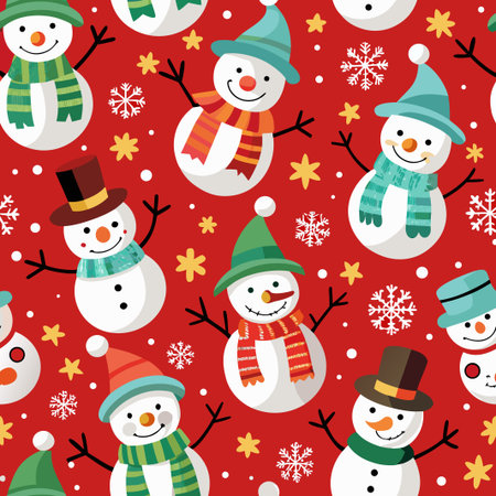 Festive snowman pattern with hats and scarves on a bright red backgroundのイラスト素材