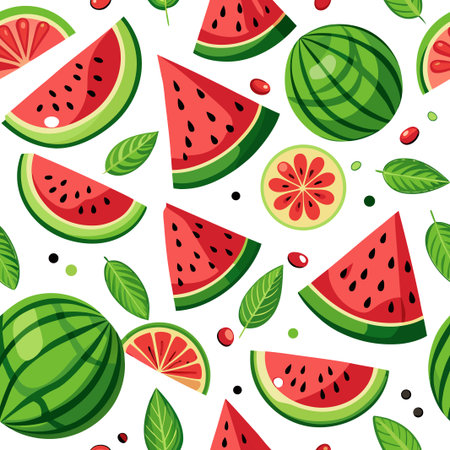 Watermelon slice seamless pattern with seeds, leaves, &amp; half cut whole fruitsのイラスト素材