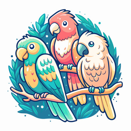 Three parrots perch on a leafy branchのイラスト素材