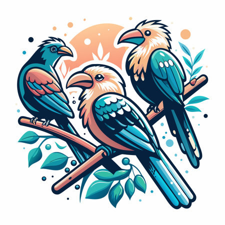 Colorful birds perched on branch, surrounded by leaves and abstract sunのイラスト素材