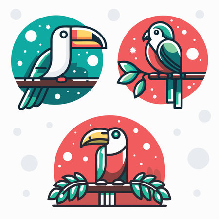Three colorful toucans and a parrot, stylized illustrations on circlesのイラスト素材