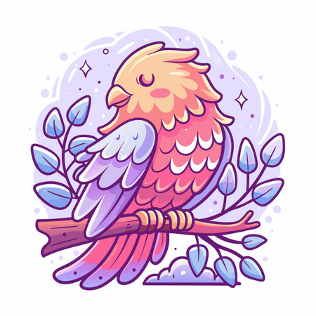 Cute bird perched on branch, pastel colorsのイラスト素材