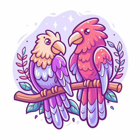 Two colorful cartoon parrots on a branchのイラスト素材