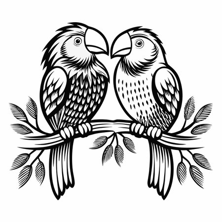 Two parrots perched on a branch, monochrome vector artのイラスト素材