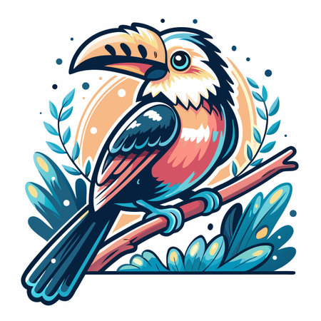 Colorful toucan perched on branch, foliage backgroundのイラスト素材