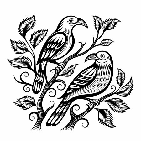 Birds on Branches Detailed monochrome illustrationのイラスト素材