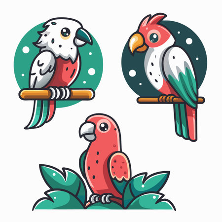 Cartoon parrots on branches, stylized illustrationのイラスト素材