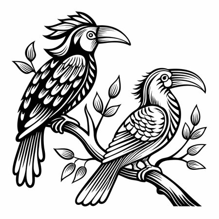 Two toucans on a branch, detailed black and white graphicのイラスト素材