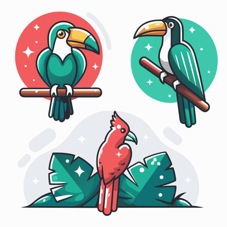 Tropical birds on perches amidst lush green foliageのイラスト素材